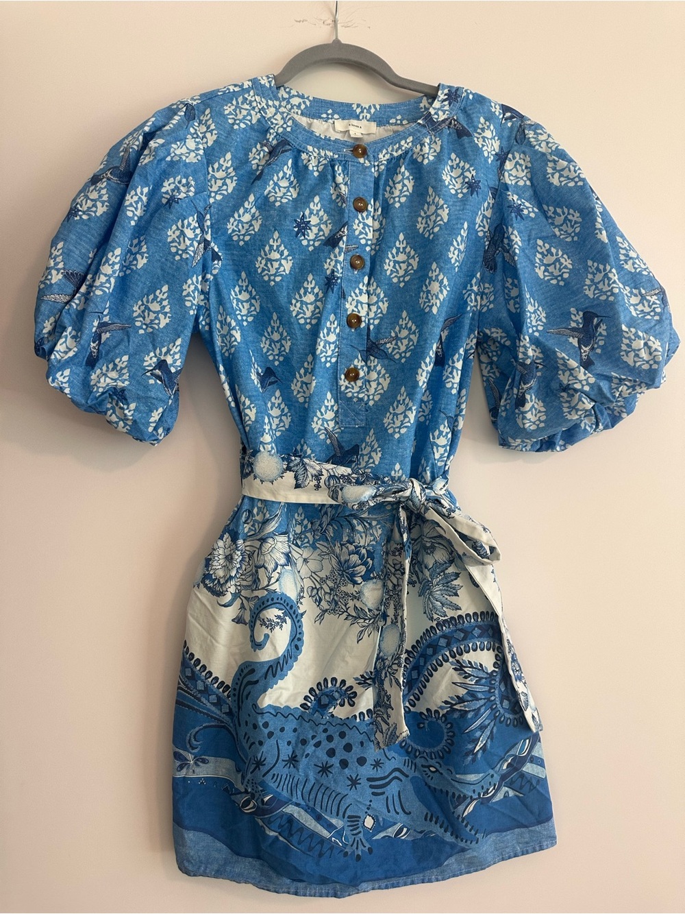 A Loves A Blue White Puff Sleeve Mini Dress | Brand New with Pockets + Sash Belt